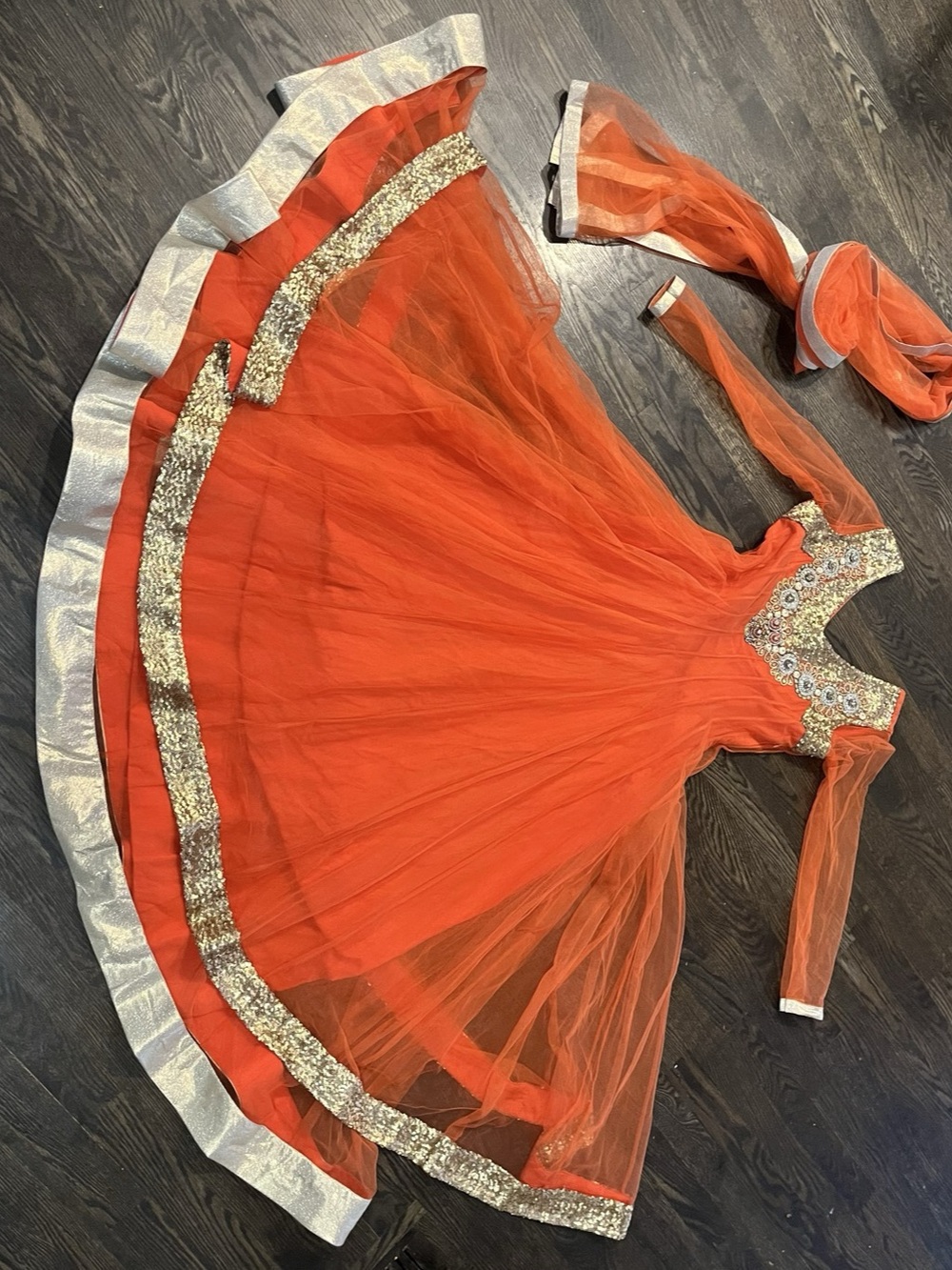 Orange Anarkali Gown Indian Formal Dress Gold Sequin Embellished + Dupatta
